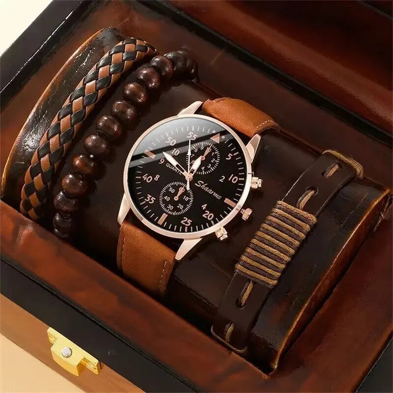 Luxury Men's Watch & Bracelet Set - Brown Leather Quartz Wristwatch with Gift Box