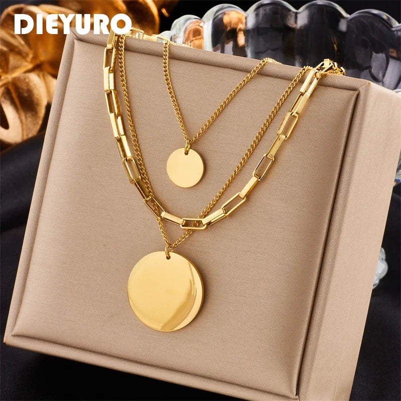 DIEYURO 316L Stainless Steel Gold Color 3in1 Round Pendant Necklace For Women Fashion Girls Multilayer Chain Neck Jewelry Gift