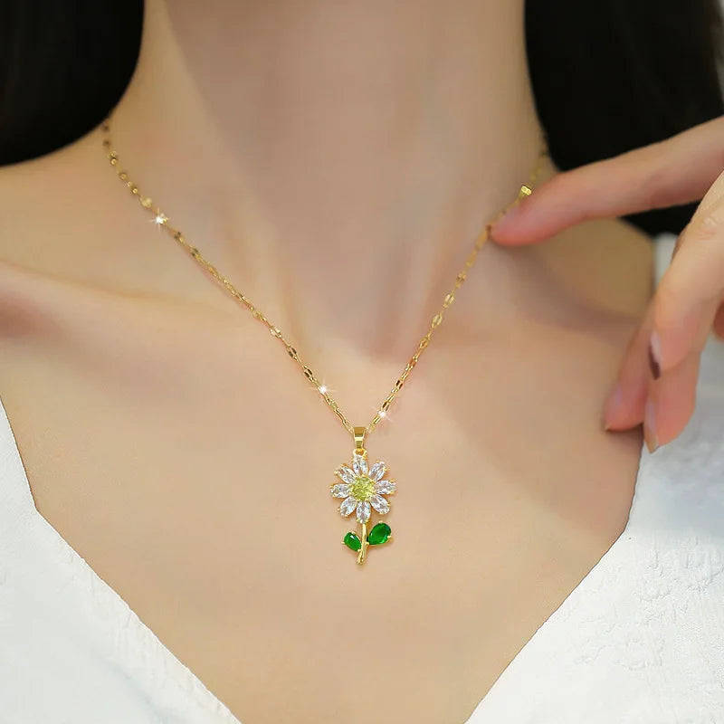 DIEYURO 316L Stainless Steel Full Zirconia Flower Pendant Necklace For Women New Cute Sweet Girls Clavicle Chain Jewelry Gifts