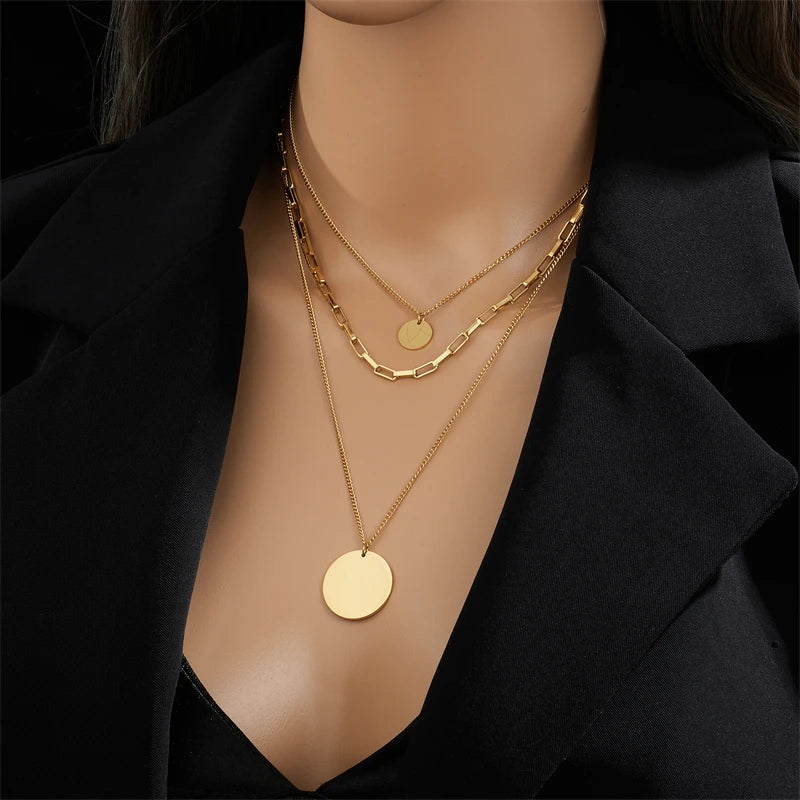 DIEYURO 316L Stainless Steel Gold Color 3in1 Round Pendant Necklace For Women Fashion Girls Multilayer Chain Neck Jewelry Gift