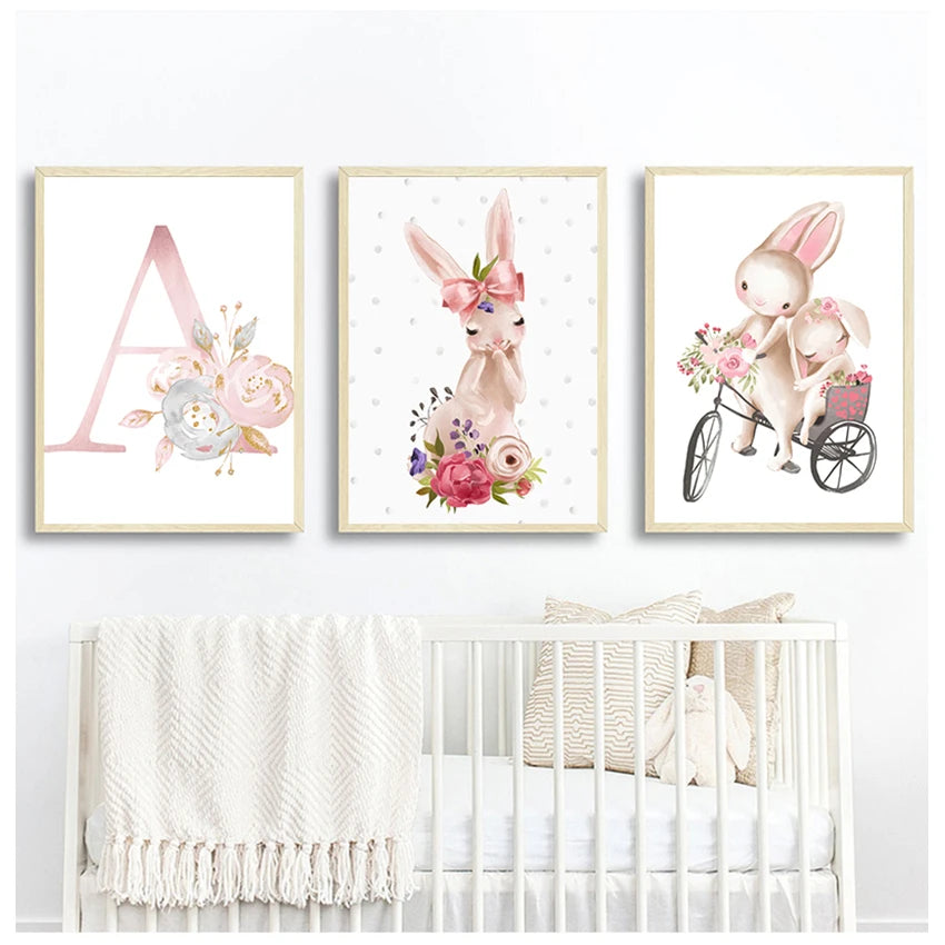 Personalized Canvas Print Wall Pictures for Kids Bedroom Decor Baby Posters Girl's Name Custom Painting Animal Poster Nursery