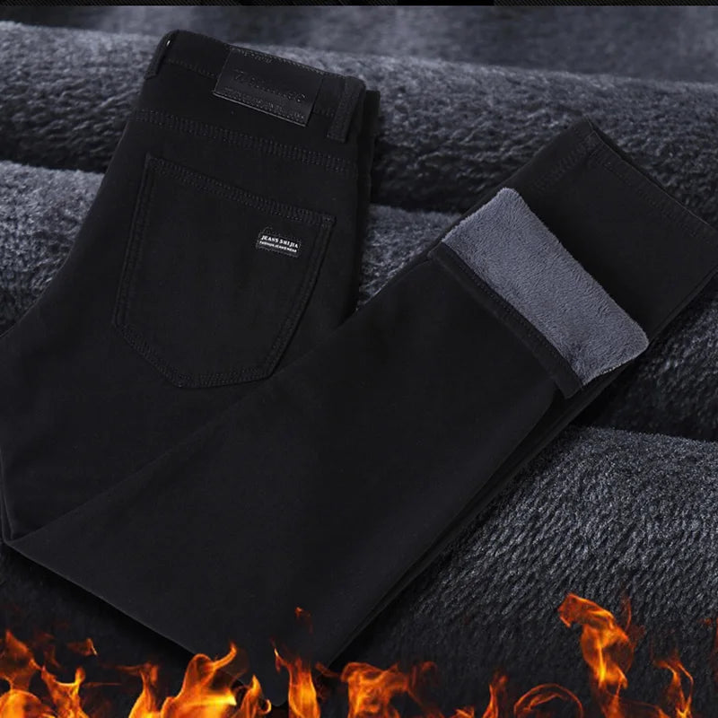 2024 Winter Brand Men Warm Fleece Jeans Fashion Thermal Business Pants