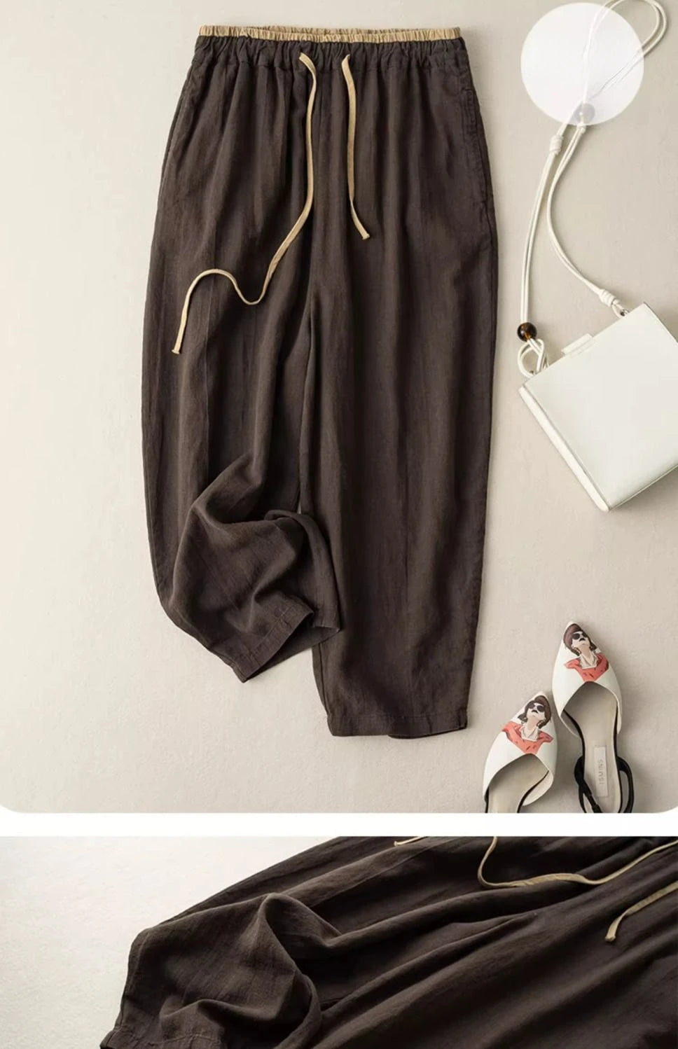 Summer Retro Cotton Linen Loose Harem Pants Elastic Casual Pants Wide-leg Ankle-Length Pants