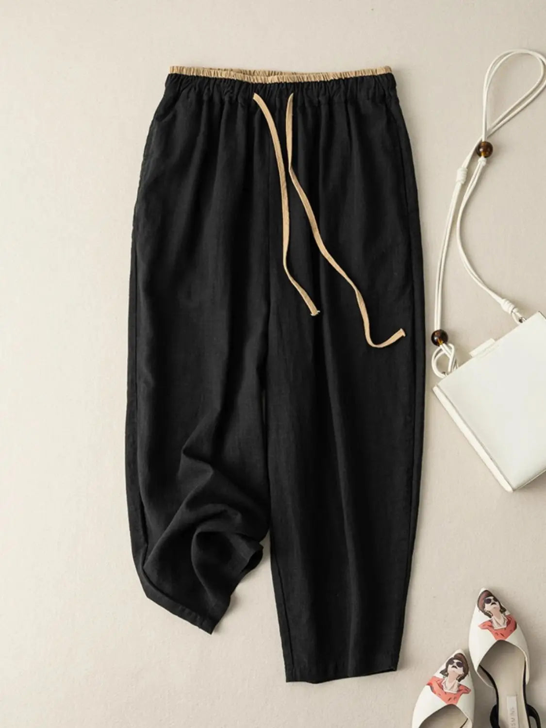 Summer Retro Cotton Linen Loose Harem Pants Elastic Casual Pants Wide-leg Ankle-Length Pants