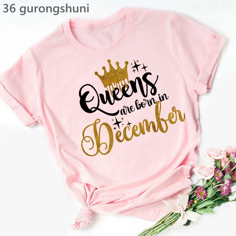 Golden Crown Queen Are Born In January To December Graphic Print T-Shirt Women'S Clothing Tshirt Femme Birthday Gift Tops