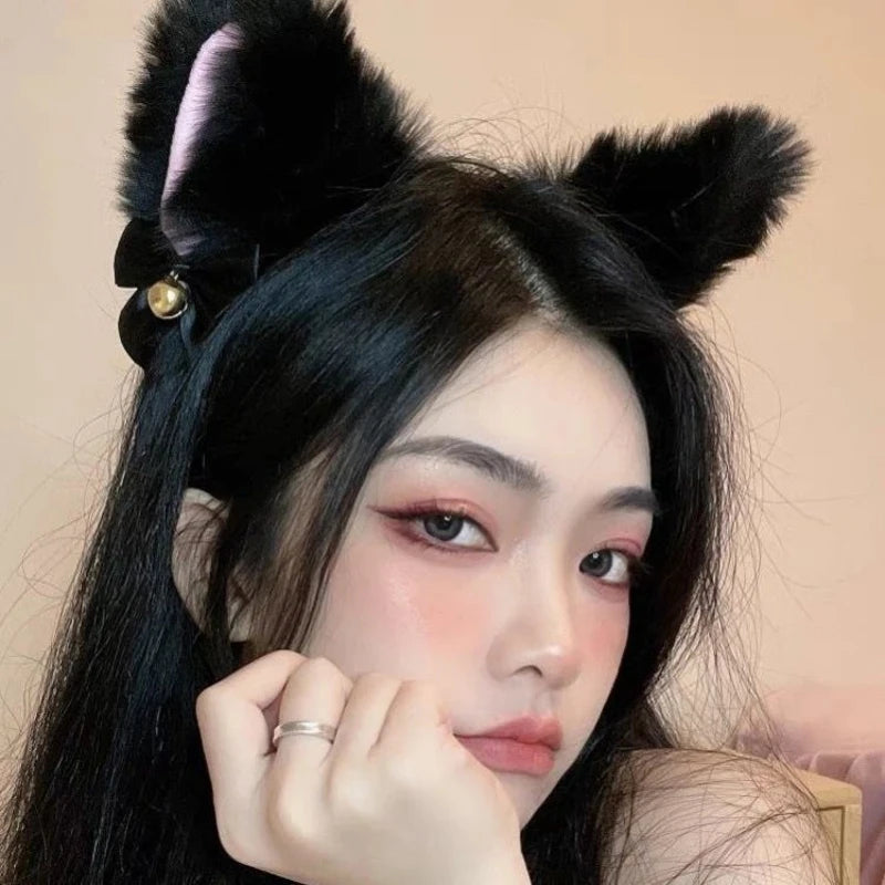 2024 Cat Wolf Fox Ears Shape Hairhoop Cosplay Costume Tail Headdress with Bell Decor Halloween Birthday Party Set for Kids