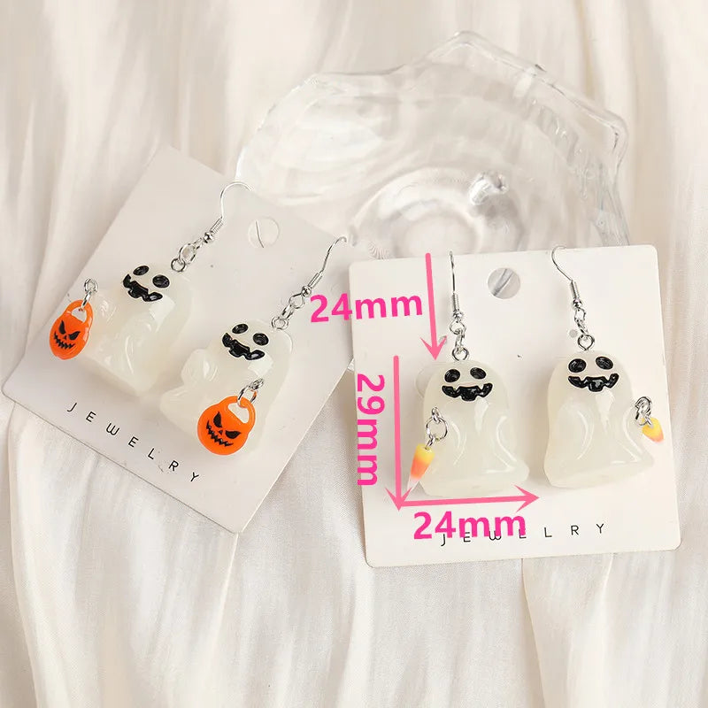 1Pair Halloween Woman Dangle Earrings Resin Glow In Dark 3D Ghost With Corn Candy Pumpkin For Girl Birthday Gift