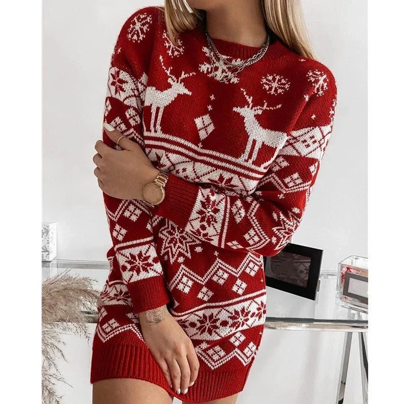 Christmas Moose Print Women's Sweater Dress Full Sleeve O Neck Casual Jumper Knitting Dresses Soft Warm Vestidos Xmas Party Wear