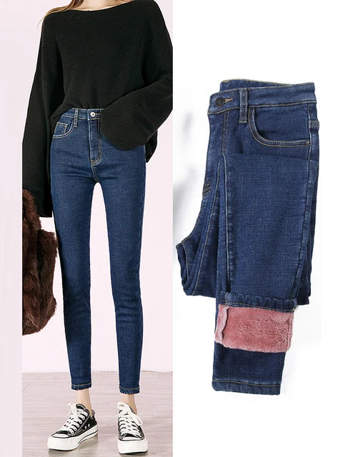 Thermal Jeans Winter Snow Warm Plush Stretch Jeans Lady Skinny Thicken Fleece Denim Long Pants Retro Pencil Trousers