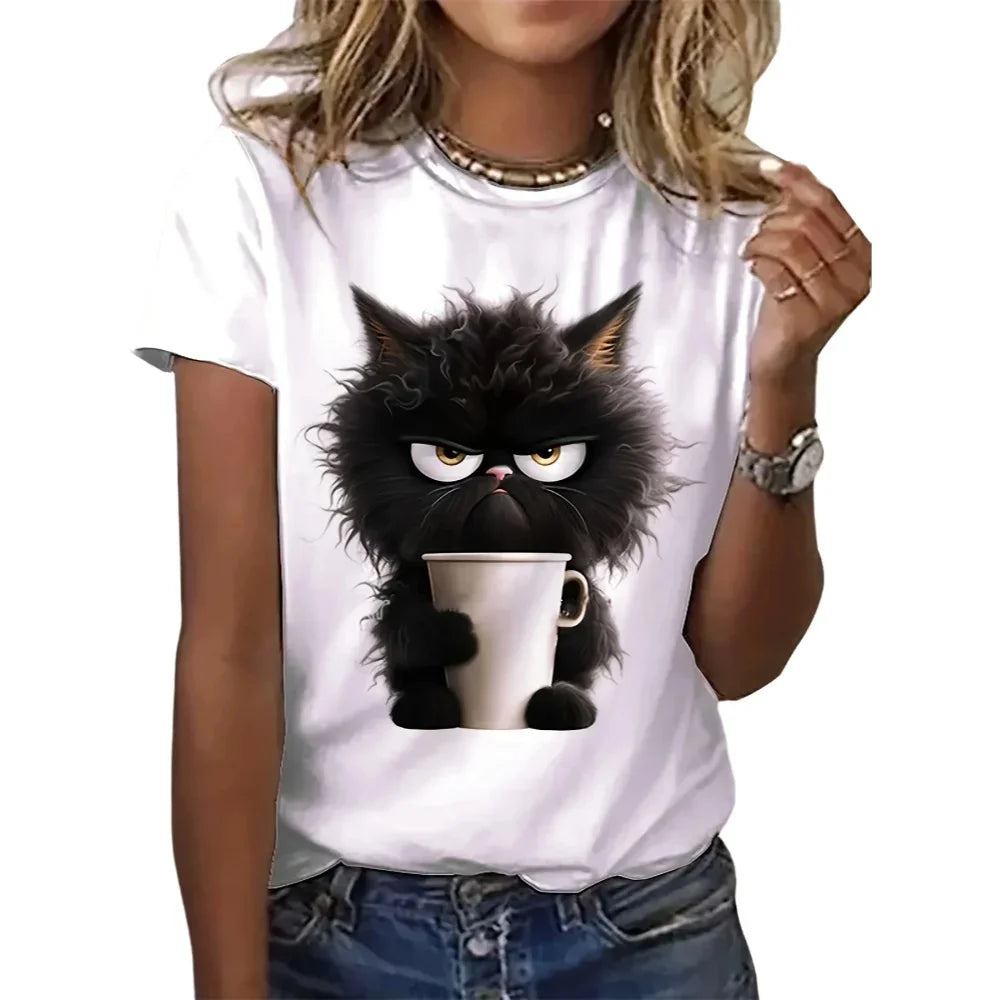 Funny Cat Women Summer White Print T-shirt Girl Casual Short Sleeve O Neck Top For Summer