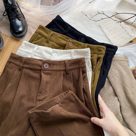 Vintage Corduroy Women Pants High Waist Coffee Wide Leg Pants Fall Casual Korean Office Ladies Trousers New