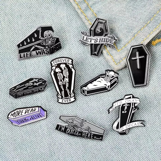 Let's Hide Enamel Pin Badge Custom Stay In Coffin Brooch Lapel Jeans Shirt Dark Halloween Skeleton Jewelry Gift Friend Wholesale