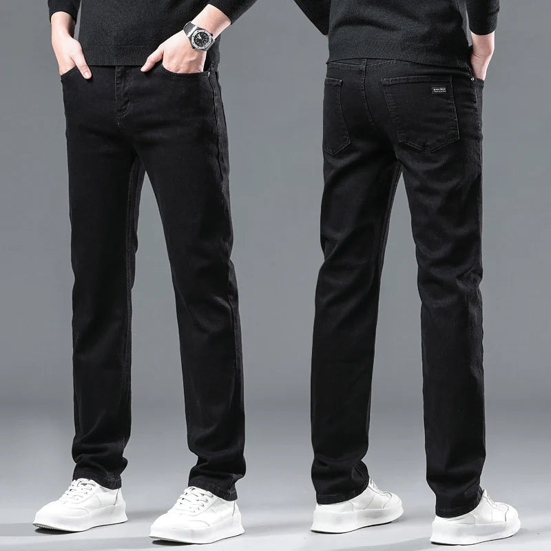 2024 Winter Brand Men Warm Fleece Jeans Fashion Thermal Business Pants