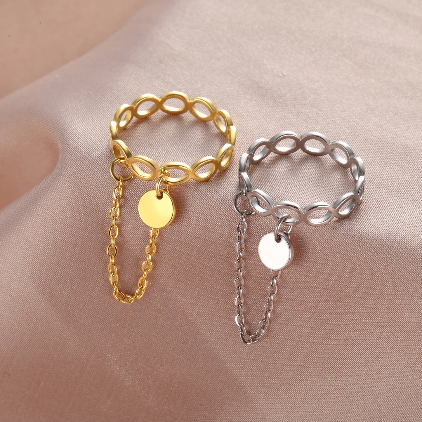 Stainless Steel Infinity & Geometric Couple Rings with Round Pendant - Engagement Jewelry Gift