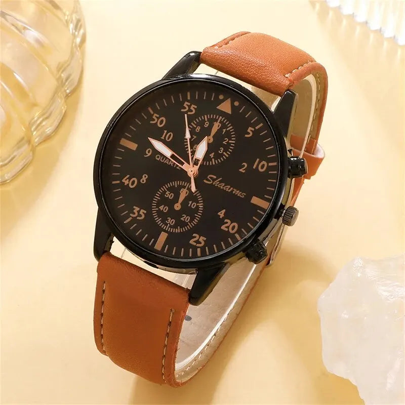Luxury Men's Watch & Bracelet Set - Brown Leather Quartz Wristwatch with Gift Box