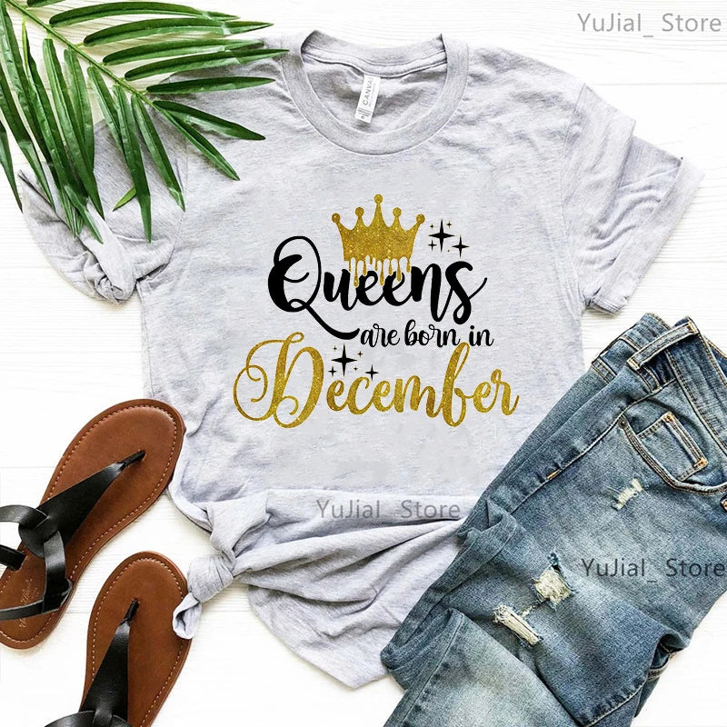 Golden Crown Queen Are Born In January To December Graphic Print T-Shirt Women'S Clothing Tshirt Femme Birthday Gift Tops