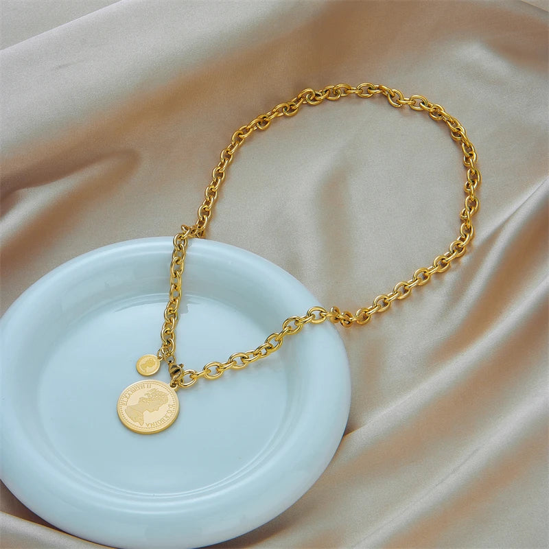 DIEYURO 316L Stainless Steel Gold Color Hip Hop Round Portrait Coin Necklace For Women Men Fashion Trend Girl Jewelry Gift Joyas