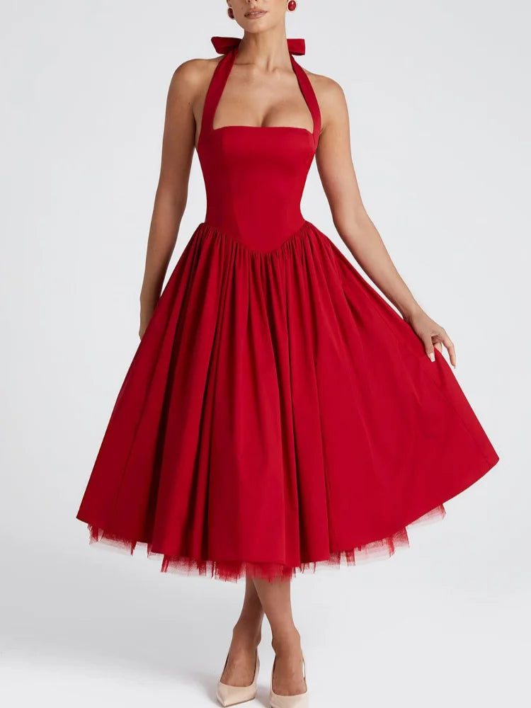 Elegant Solid High Waist Pleated A-line Dress Women Sexy Backless Sleeveless Slim Halter Dresses 2025 New Street Party Vestidos