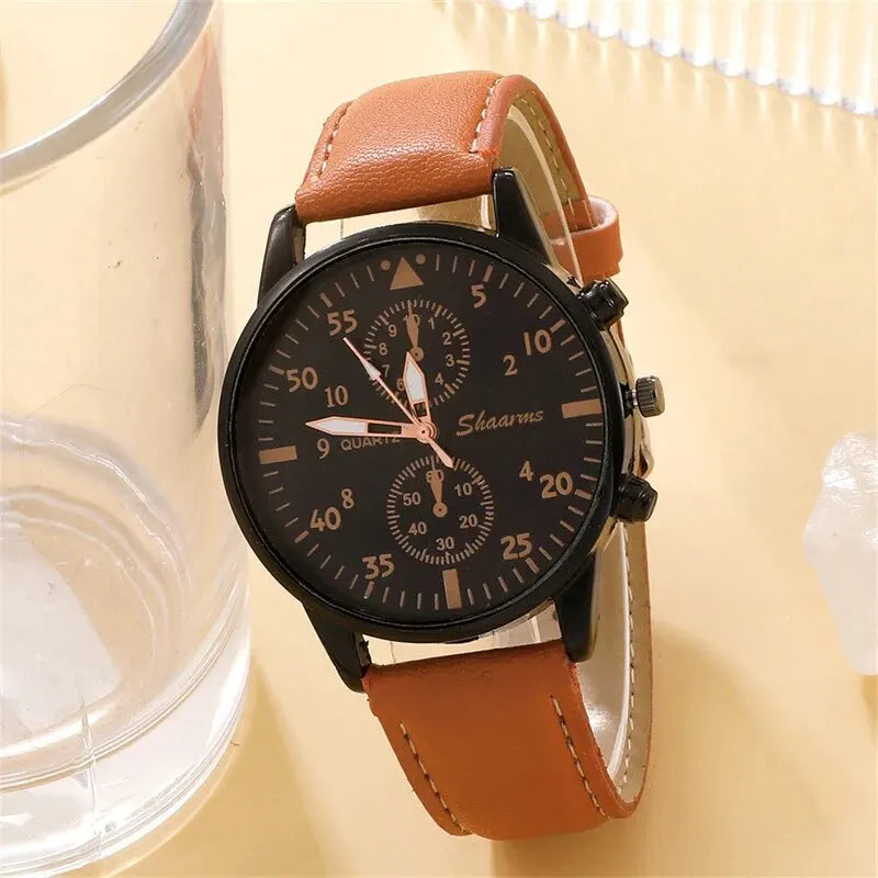 Luxury Men's Watch & Bracelet Set - Brown Leather Quartz Wristwatch with Gift Box