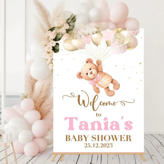 Bear Balloon Welcome Poster Baby Shower Custom Art Print Birthday Party Canvas Painting Baptism Wall Picture Personalise Decor