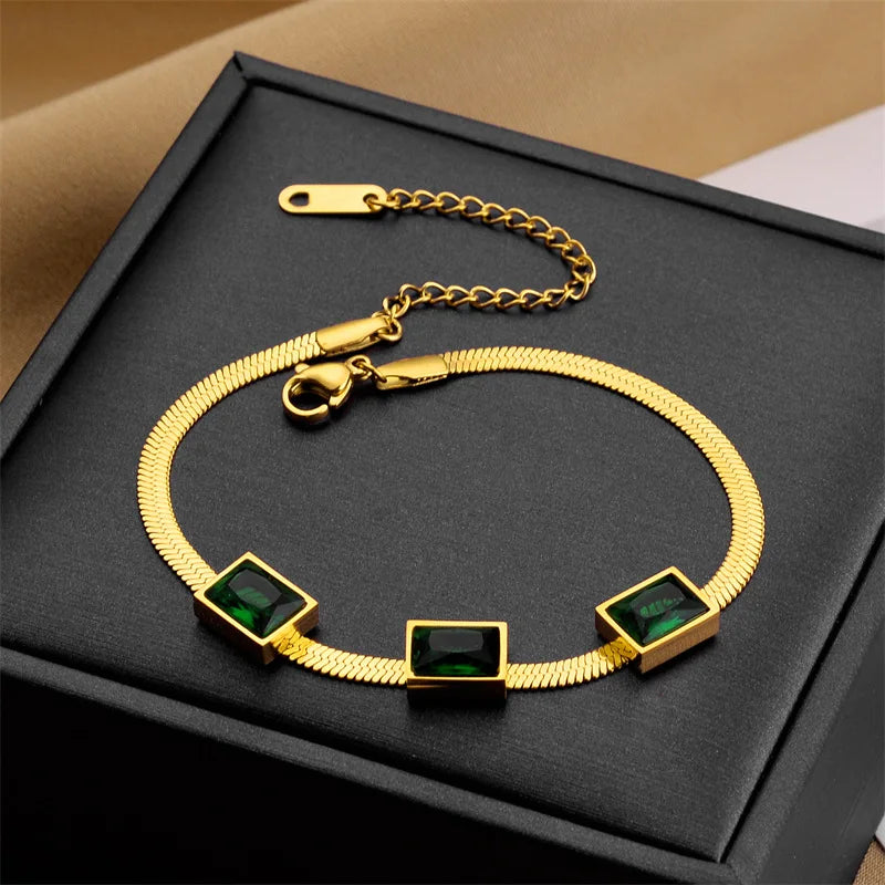 DIEYURO 316L Stainless Steel Square Luxury Green Crystal Necklace Bracelets For Women Girl Fashion Non-fading Jewelry Set Bijoux