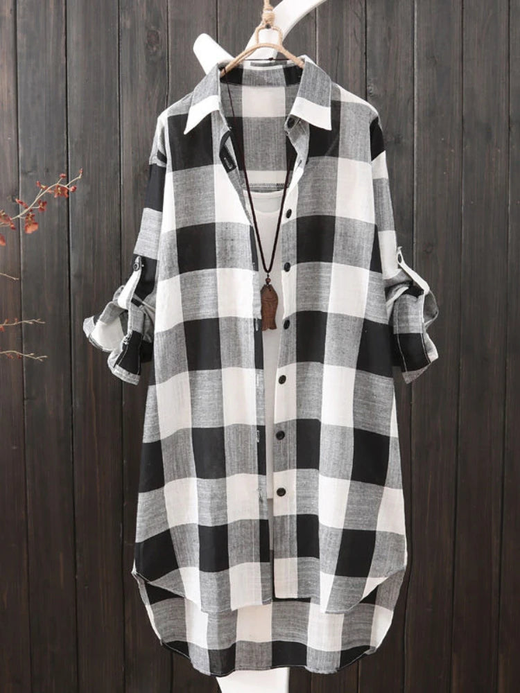 Casual Plaid Cotton Mid Length Shirt