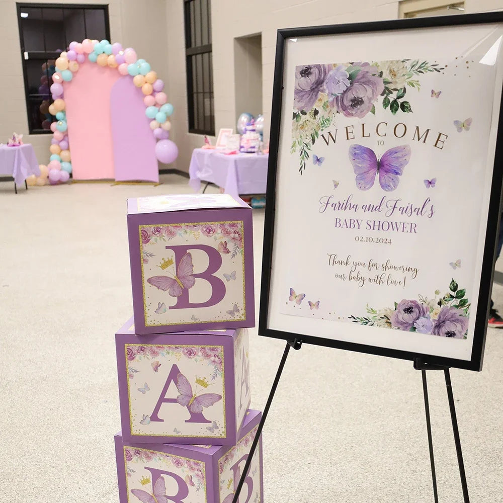 Custom Purple Lavender Butterfly Baby Shower Welcome Sign Poster Gender Reveal Canvas Art Print Birthday Wall Picture Decor