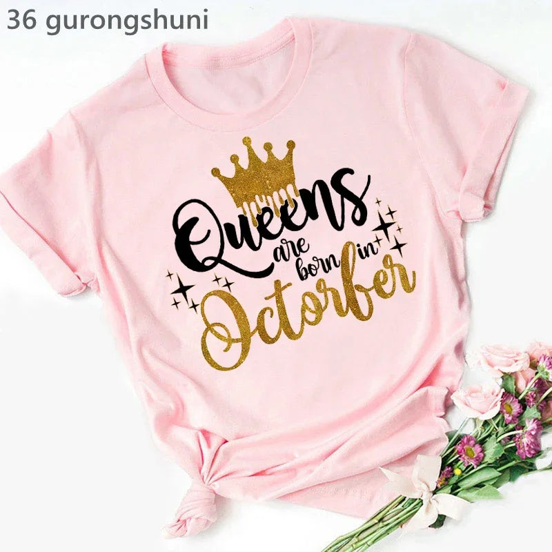 Golden Crown Queen Are Born In January To December Graphic Print T-Shirt Women'S Clothing Tshirt Femme Birthday Gift Tops