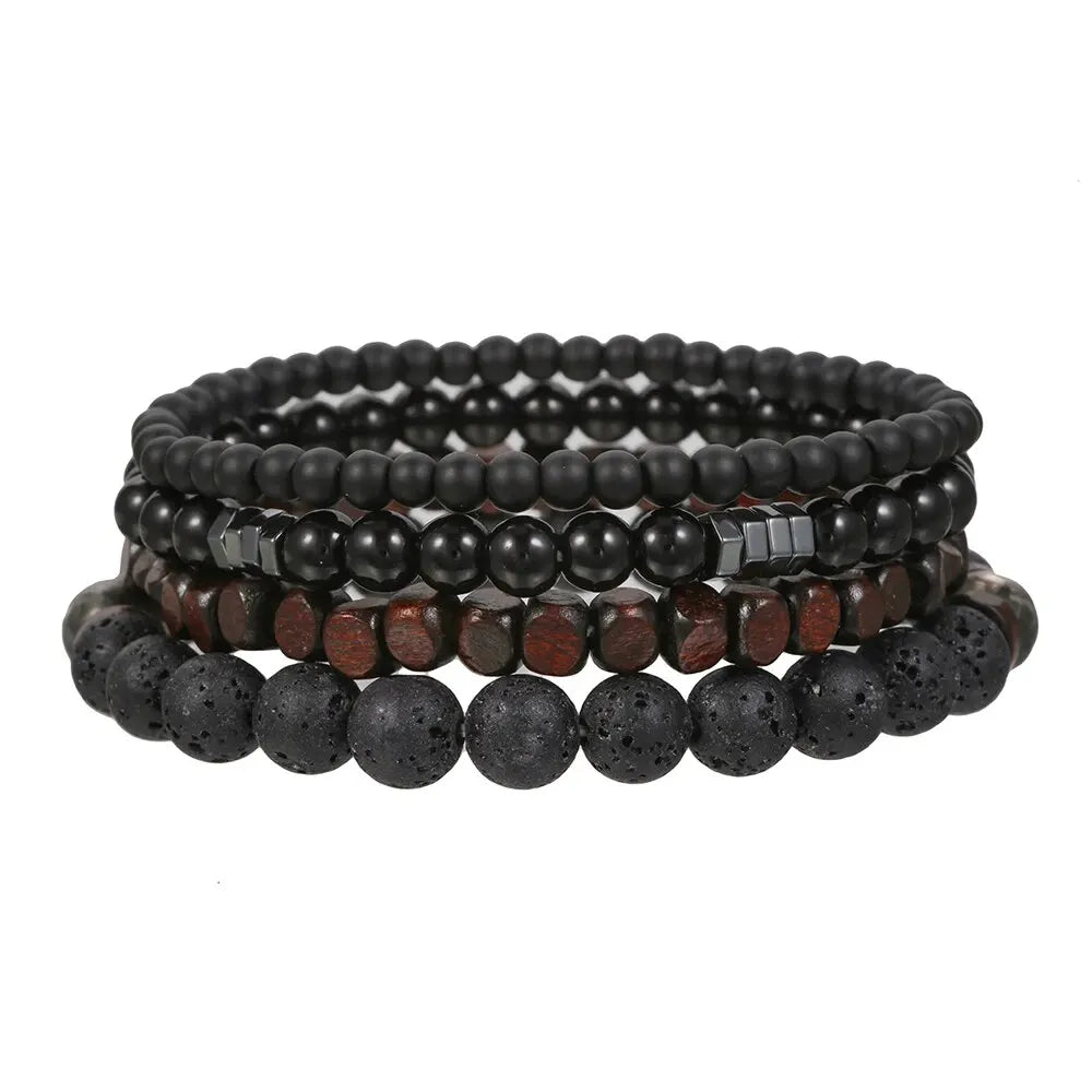 4Pcs/Set Black Gall Stone Volcanic Stone Wood Beads Multi-layer Men's Combination Elastic Bracelet For Couple Friends Jewelry