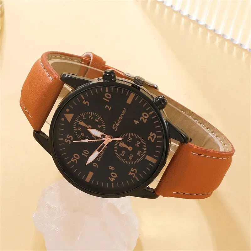 Luxury Men's Watch & Bracelet Set - Brown Leather Quartz Wristwatch with Gift Box