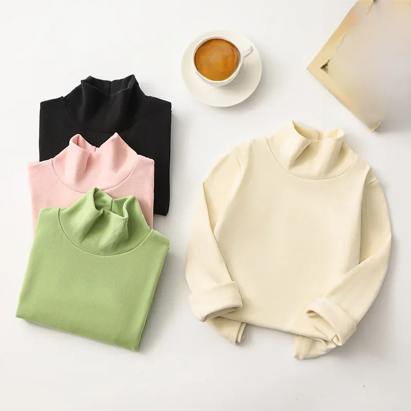 Children's Long Sleeve T-shirt Half High Collar Solid Color Versatile Stylish Top For Autumn/winter Suitable For Boys Girls