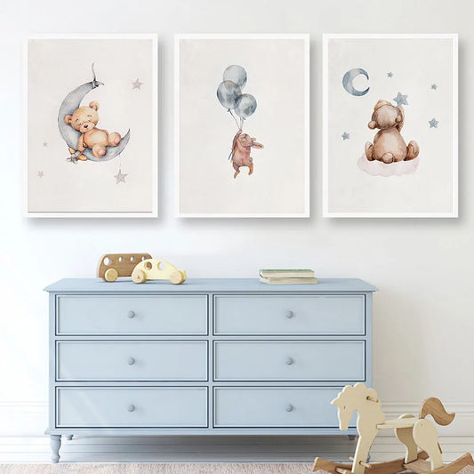 Kawaii Balloon Sleeping Bear Poster Nursery Moon Star Flying Bunny Art Print Nordic Canvas Painting Wall Picture Kids Room Decor