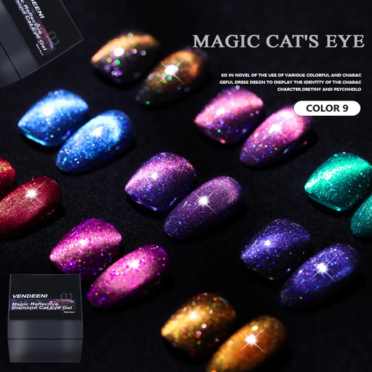 Vendeeni 9 Colors Flash Diamond Reflection Cat Eye Gel Nail Polish Semi Permanent UV LED Glitter Effect Nail Art Varnish