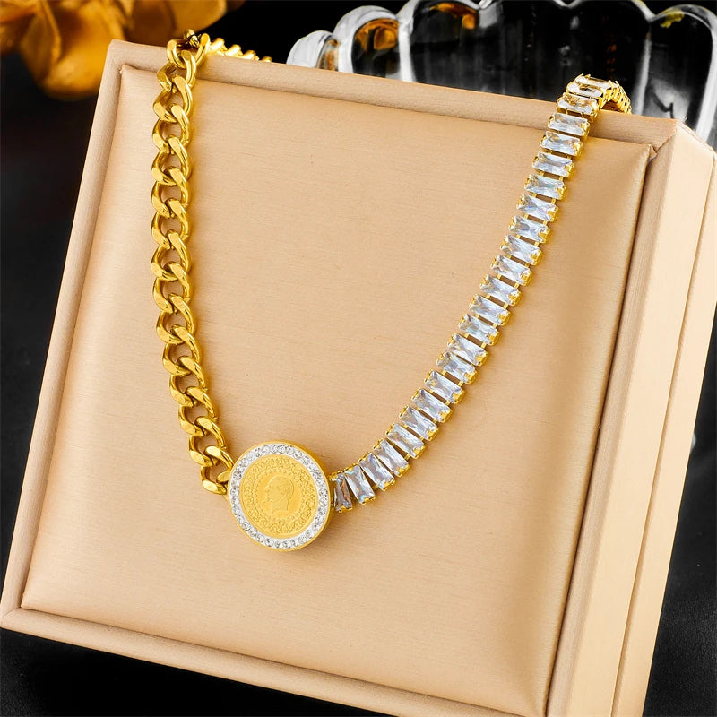 DIEYURO 316L Stainless Steel Gold Color Hip Hop Round Portrait Coin Necklace For Women Men Fashion Trend Girl Jewelry Gift Joyas