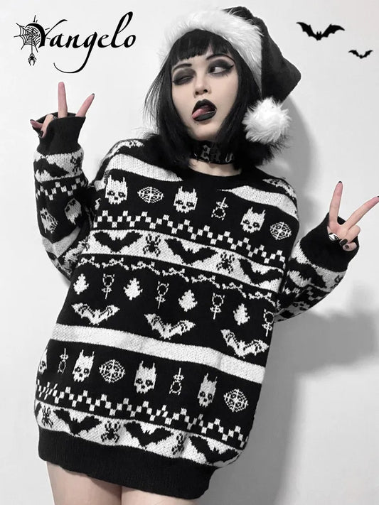 Halloween Dark Gothic Skull Punk Retro Bat Pattern Autumn Winter Soft Warm Knitted Sweater Women's Pullover