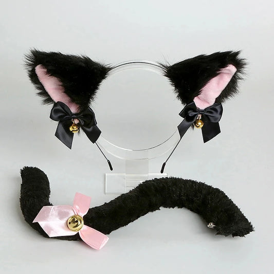 2024 Cat Wolf Fox Ears Shape Hairhoop Cosplay Costume Tail Headdress with Bell Decor Halloween Birthday Party Set for Kids