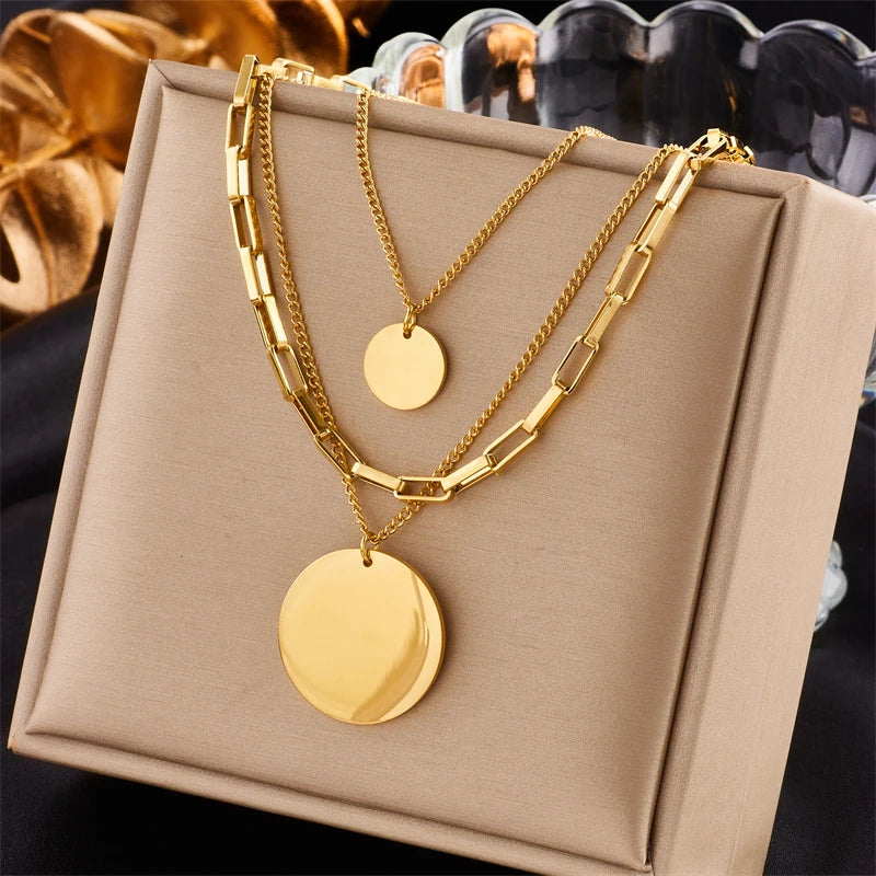 DIEYURO 316L Stainless Steel Gold Color 3in1 Round Pendant Necklace For Women Fashion Girls Multilayer Chain Neck Jewelry Gift