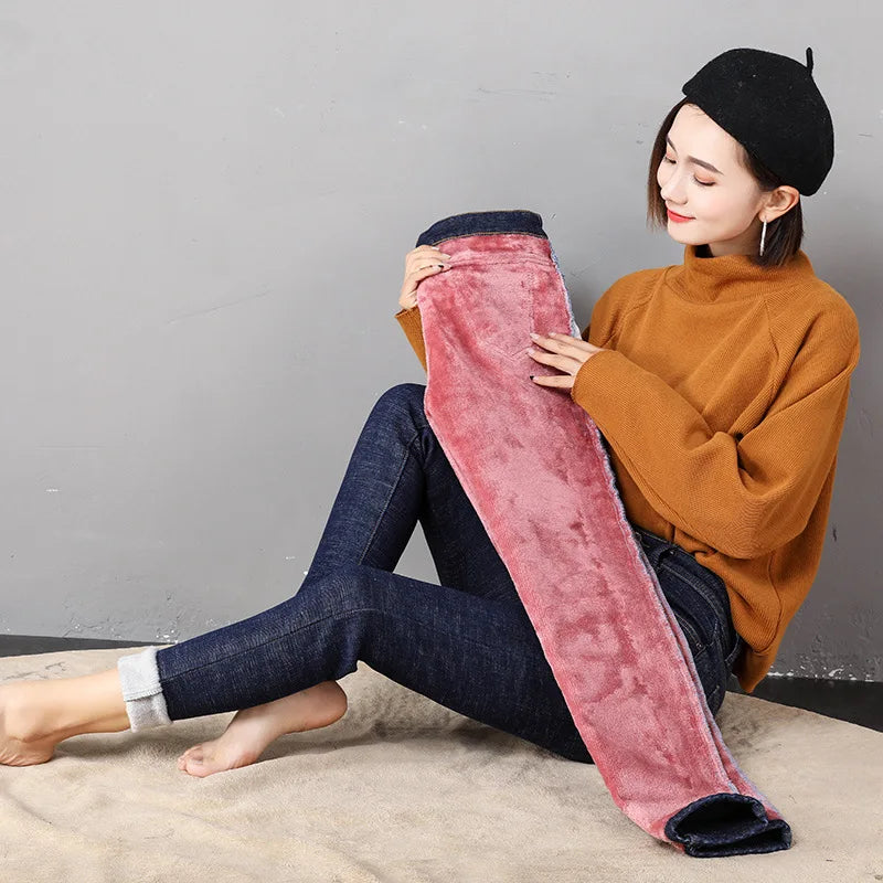 Thermal Jeans Winter Snow Warm Plush Stretch Jeans Lady Skinny Thicken Fleece Denim Long Pants Retro Pencil Trousers