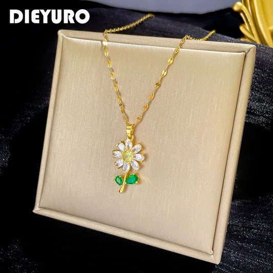 DIEYURO 316L Stainless Steel Full Zirconia Flower Pendant Necklace For Women New Cute Sweet Girls Clavicle Chain Jewelry Gifts