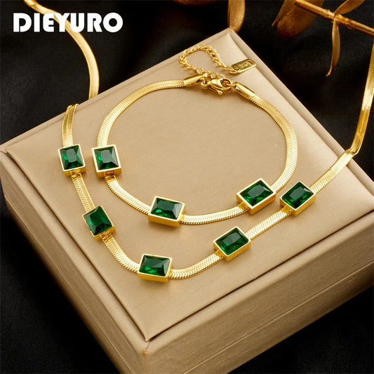 DIEYURO 316L Stainless Steel Square Luxury Green Crystal Necklace Bracelets For Women Girl Fashion Non-fading Jewelry Set Bijoux