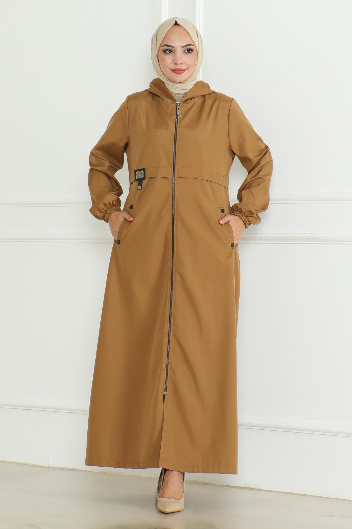 Embroidered Zippered Trench Coat Camel