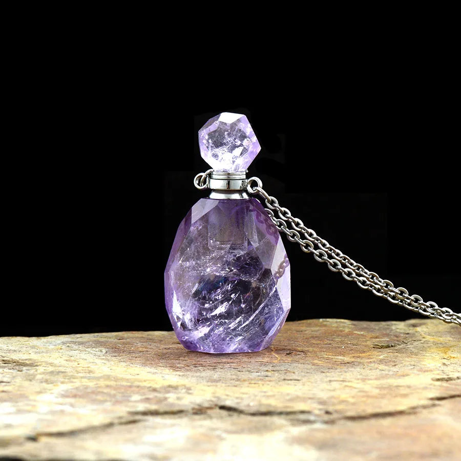 Natural Gems Stone Essential Oil Diffuser Perfume Bottle Amethysts Pendant Necklace February Birthstone Jewelry