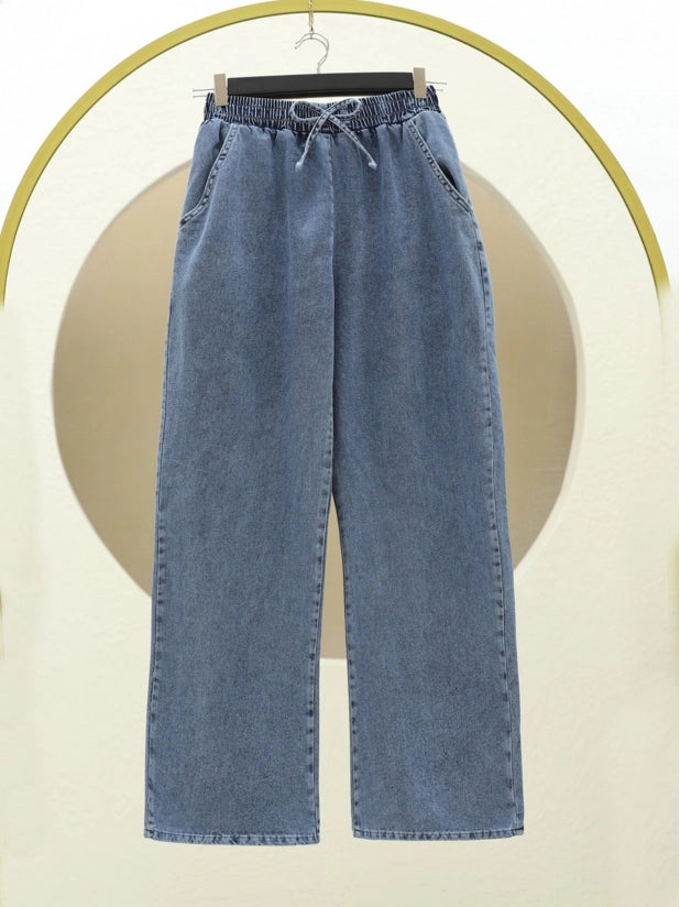 Elastic Waist Pocket Wide Leg Jeans