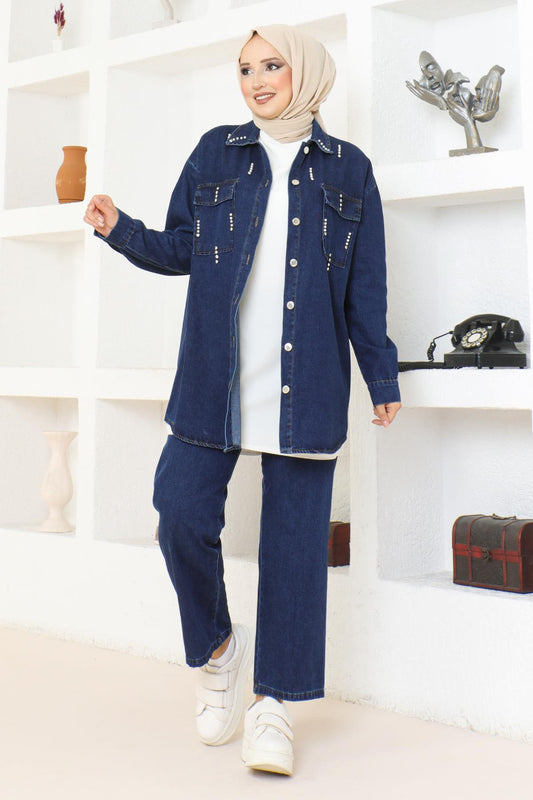 Dark Blue Denim Set with Pockets and Stone Details