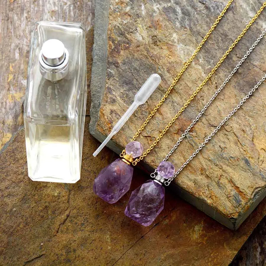 Natural Gems Stone Essential Oil Diffuser Perfume Bottle Amethysts Pendant Necklace February Birthstone Jewelry