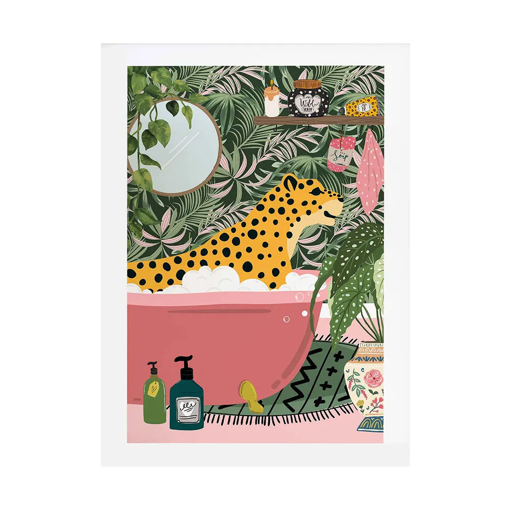 Tiger in Bathtub Botanical Tropical Jungle Wall Art Canvas Painting