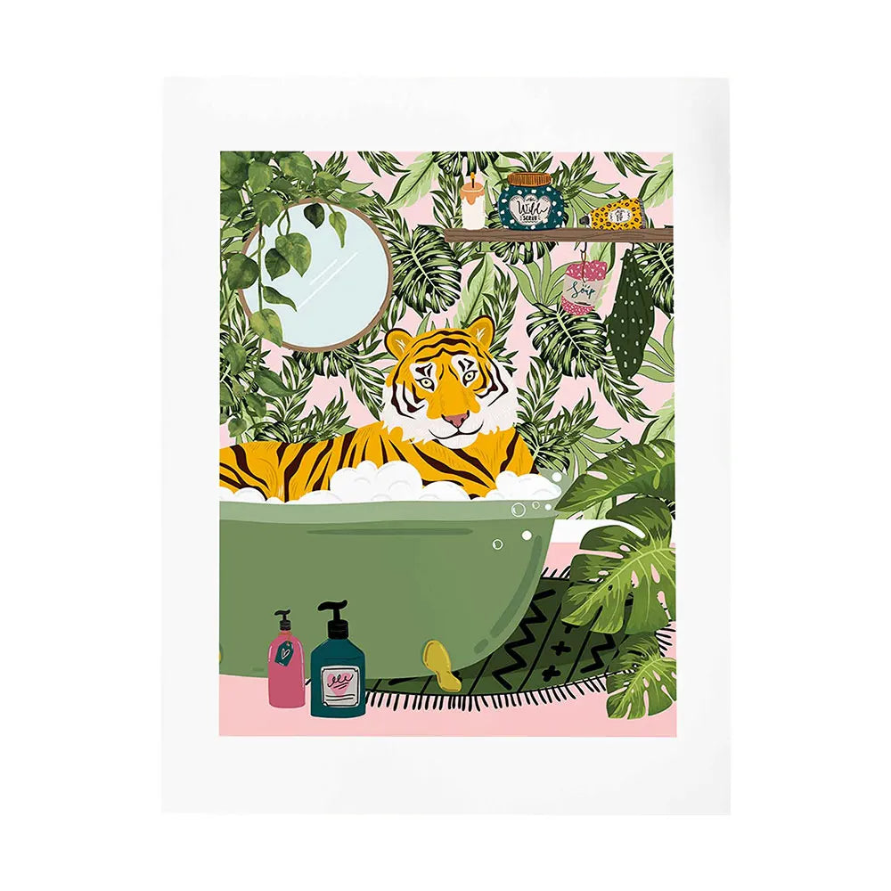 Tiger in Bathtub Botanical Tropical Jungle Wall Art Canvas Painting