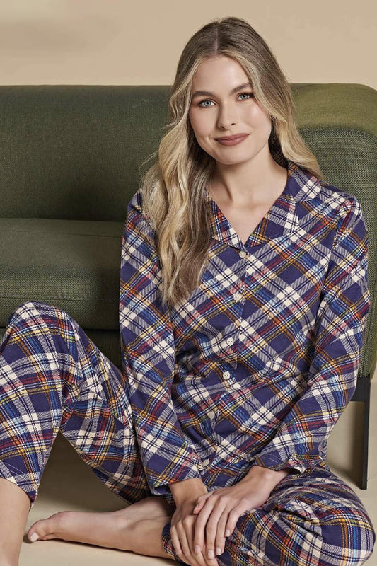 Women's Front Buttoned Pajama Set  Navy Blue