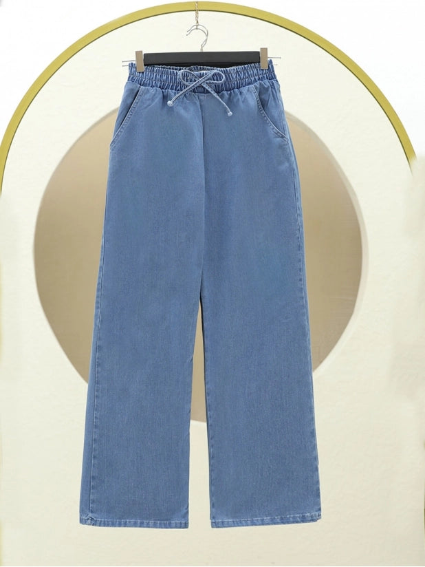 Elastic Waist Pocket Wide Leg Jeans